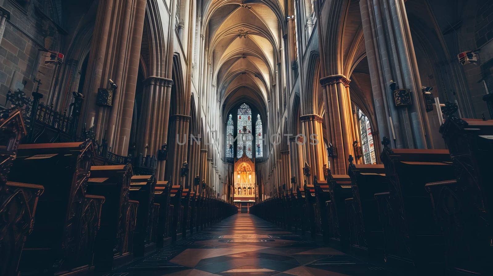 A long, narrow church with many pews and stained glass windows. The pews are empty and the church is very quiet