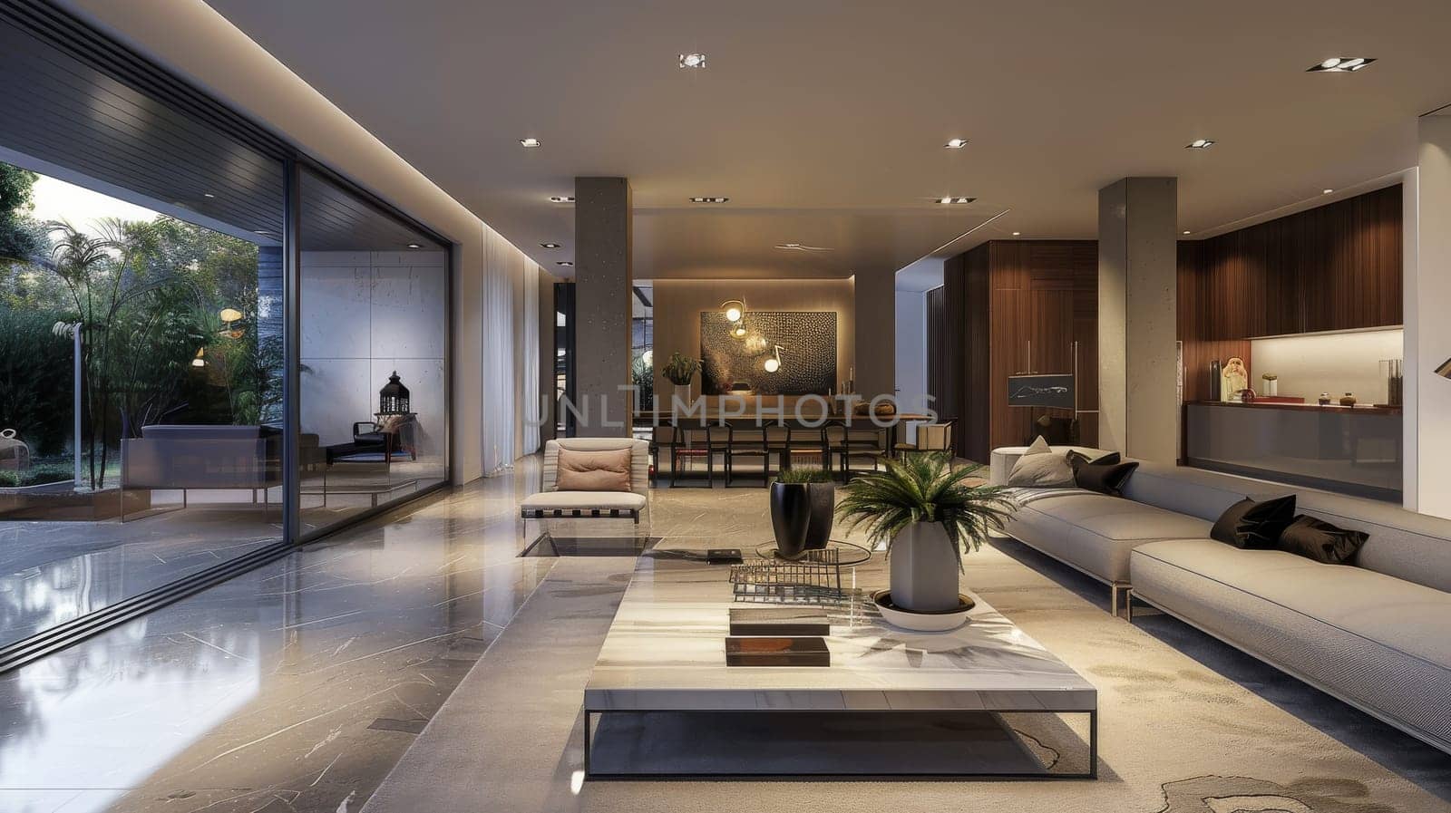 A large living room with a white couch, a coffee table, and a potted plant. The room has a modern and elegant design