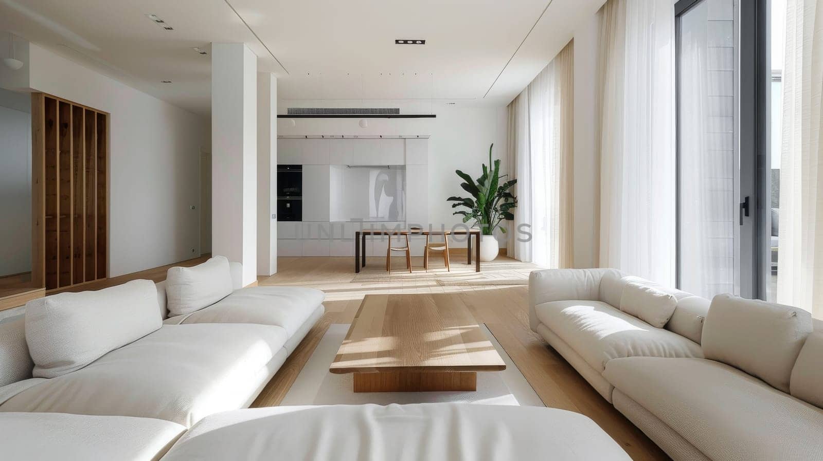 A large living room with white furniture and a wooden coffee table. The room is well lit and has a modern, minimalist design