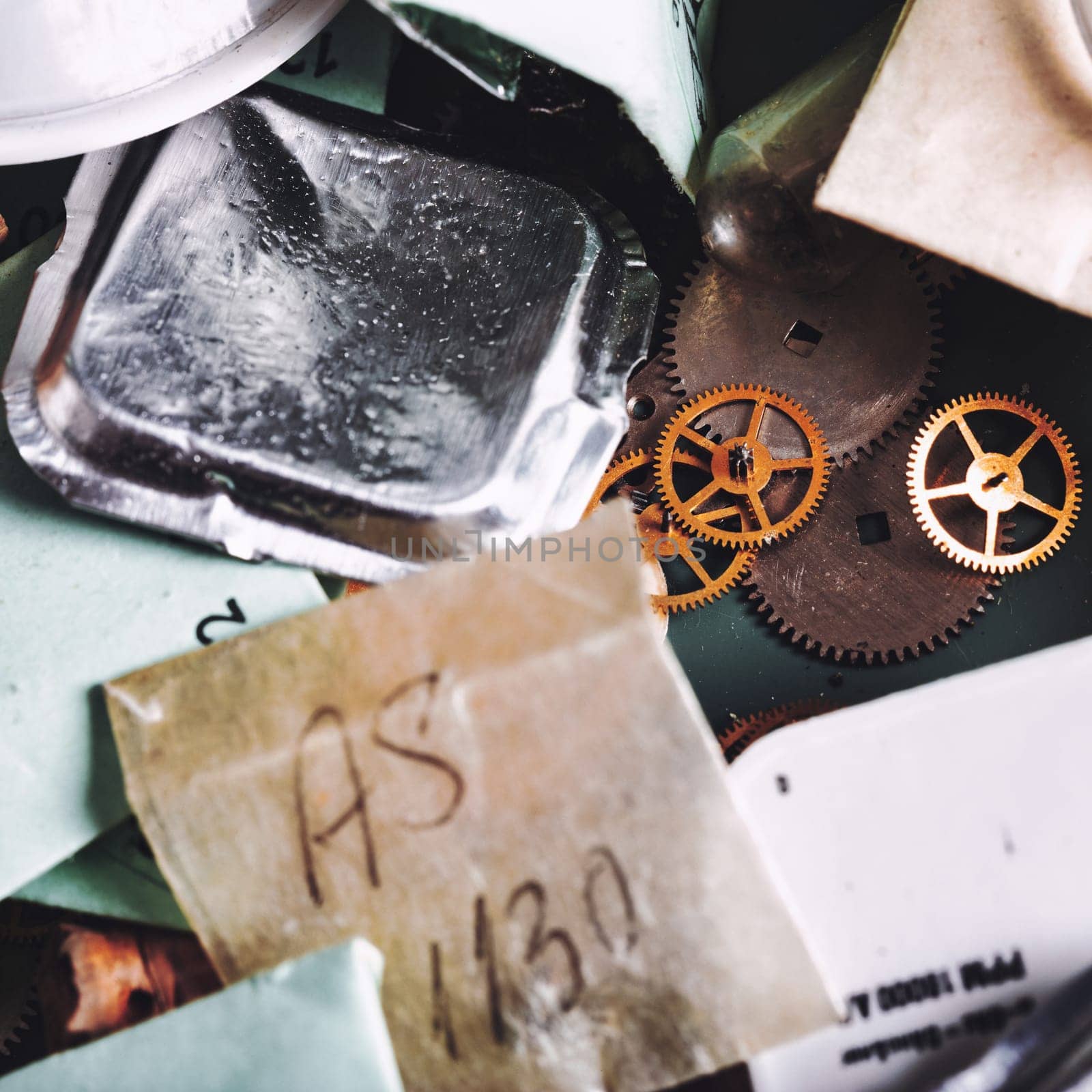 Assorted watch components lie scattered on the workbench, including metal gears, small metal packaging, and labeled paper. Each item reflects the intricate detail of watch repair work