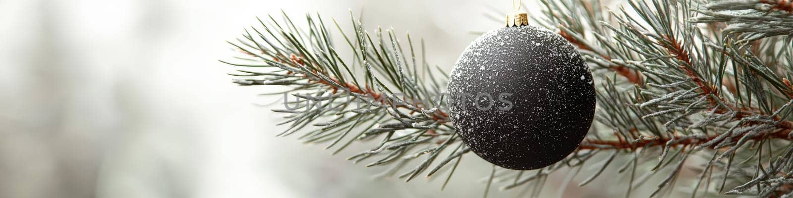 A refined close-up image of a glossy black Christmas ornament hanging on a lush green pine branch, set against a crisp white background. The minimal design offers a stylish, modern look, leaving space for text or branding, ideal for holiday promotions or seasonal messaging.