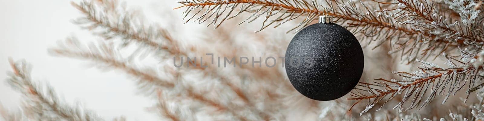 A refined close-up image of a glossy black Christmas ornament hanging on a lush green pine branch, set against a crisp white background. The minimal design offers a stylish, modern look, leaving space for text or branding, ideal for holiday promotions or seasonal messaging.