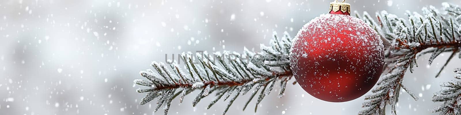A clean and close-up advertising image showcasing a shiny red Christmas ornament hanging from a lush green pine branch, set against a pure white background. The minimalist design leaves one-third of the space open for text, making it ideal for holiday marketing, seasonal messages, or festive branding needs.