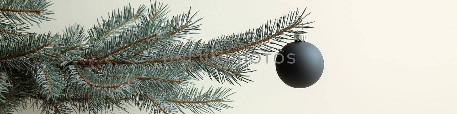 A refined close-up image of a glossy black Christmas ornament hanging on a lush green pine branch, set against a crisp white background. The minimal design offers a stylish, modern look, leaving space for text or branding, ideal for holiday promotions or seasonal messaging.