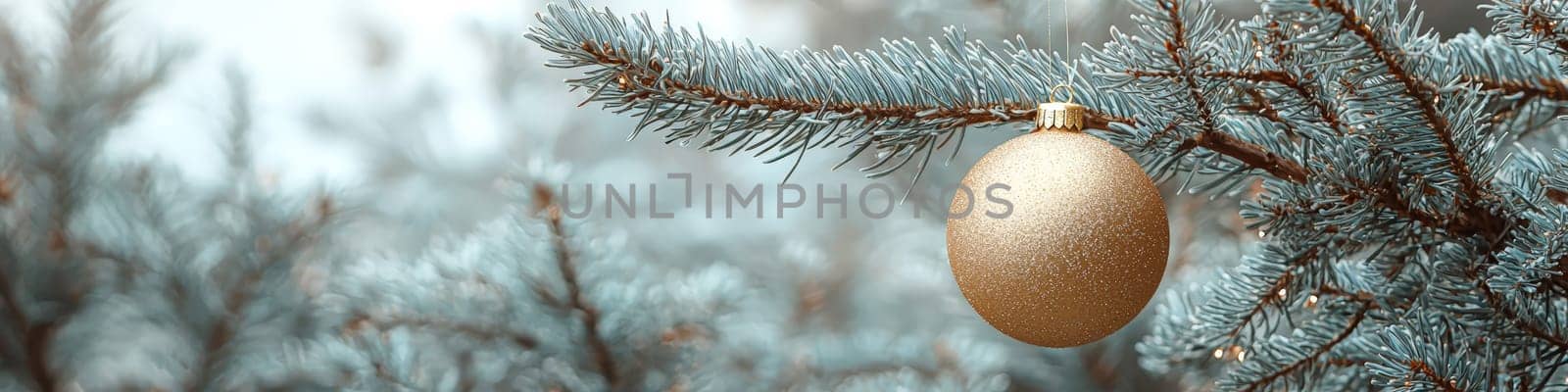 A glossy golden Christmas ornament hangs elegantly on a lush green pine branch, set against a pristine white background. This minimalistic setup includes one-third of the image as blank space, perfect for adding festive text or holiday branding elements.