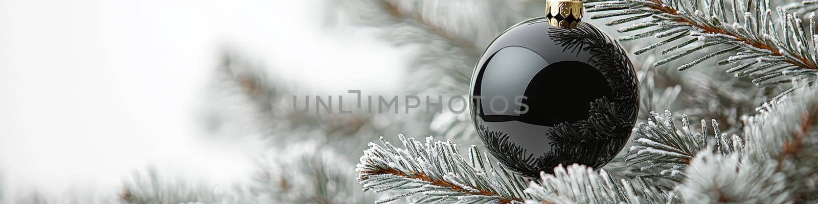 A refined close-up image of a glossy black Christmas ornament hanging on a lush green pine branch, set against a crisp white background. The minimal design offers a stylish, modern look, leaving space for text or branding, ideal for holiday promotions or seasonal messaging.