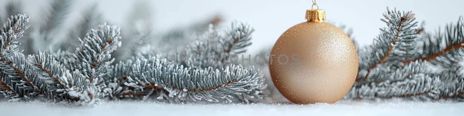 A glossy golden Christmas ornament hangs elegantly on a lush green pine branch, set against a pristine white background. This minimalistic setup includes one-third of the image as blank space, perfect for adding festive text or holiday branding elements.