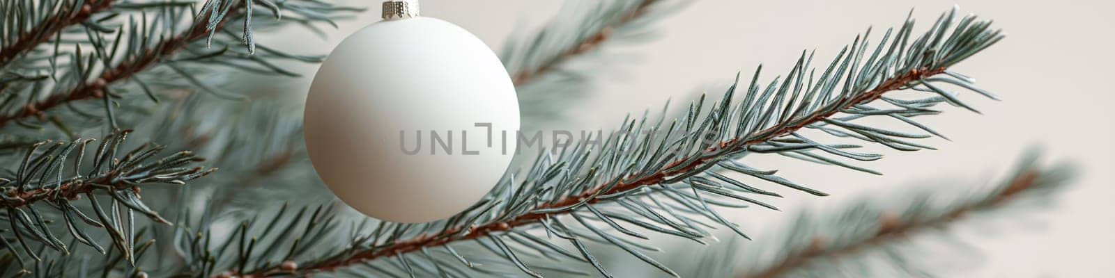A minimalist close-up featuring a glossy white Christmas ornament hanging from a lush, green pine branch, set against a bright white background. The clean layout includes ample space, ideal for adding seasonal messages or branding.