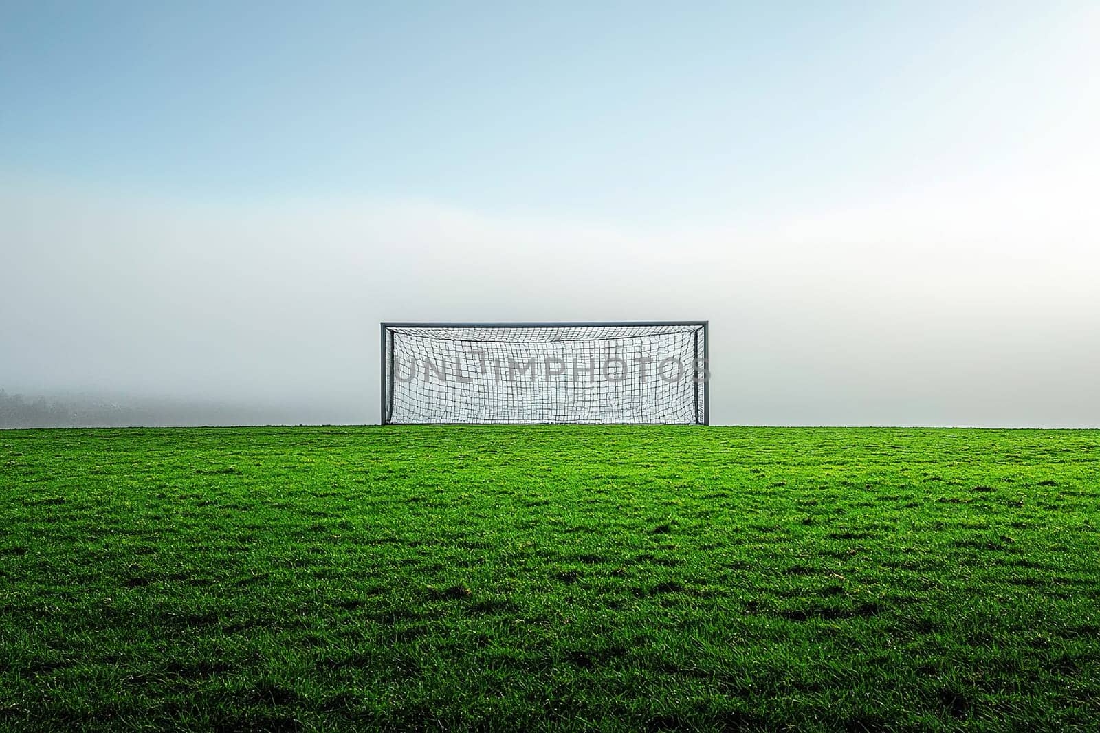 Football goals on green grass in a field on a very foggy morning.