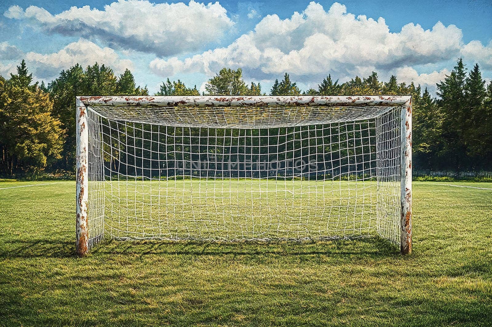 Old football goal with peeling paint and net in rural area