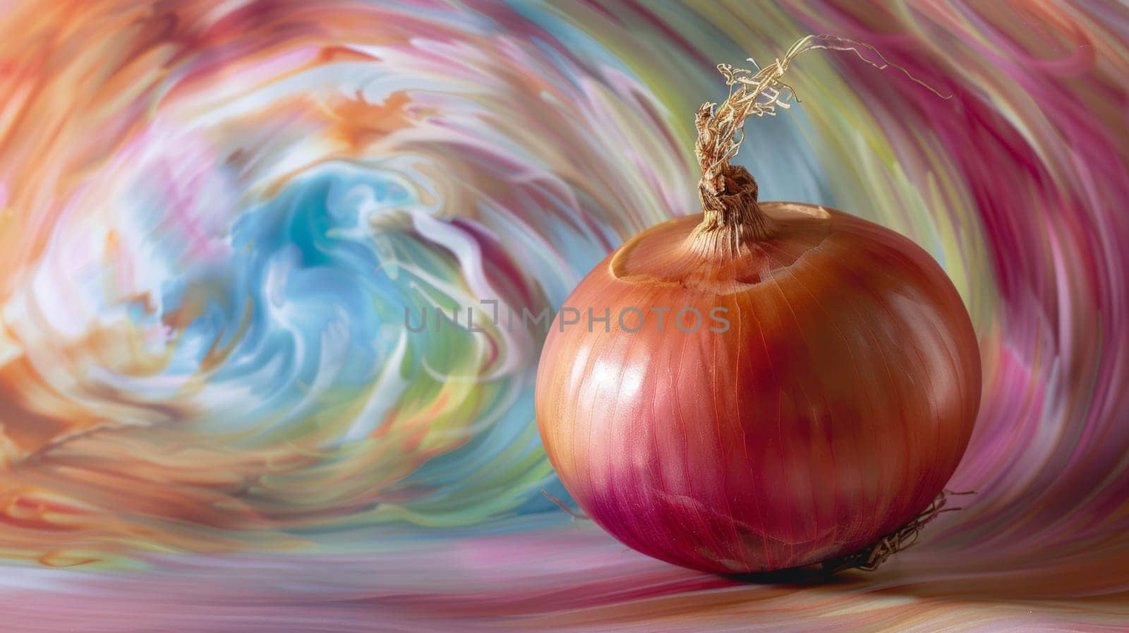 Spinning onions against an abstract background of swirling colors