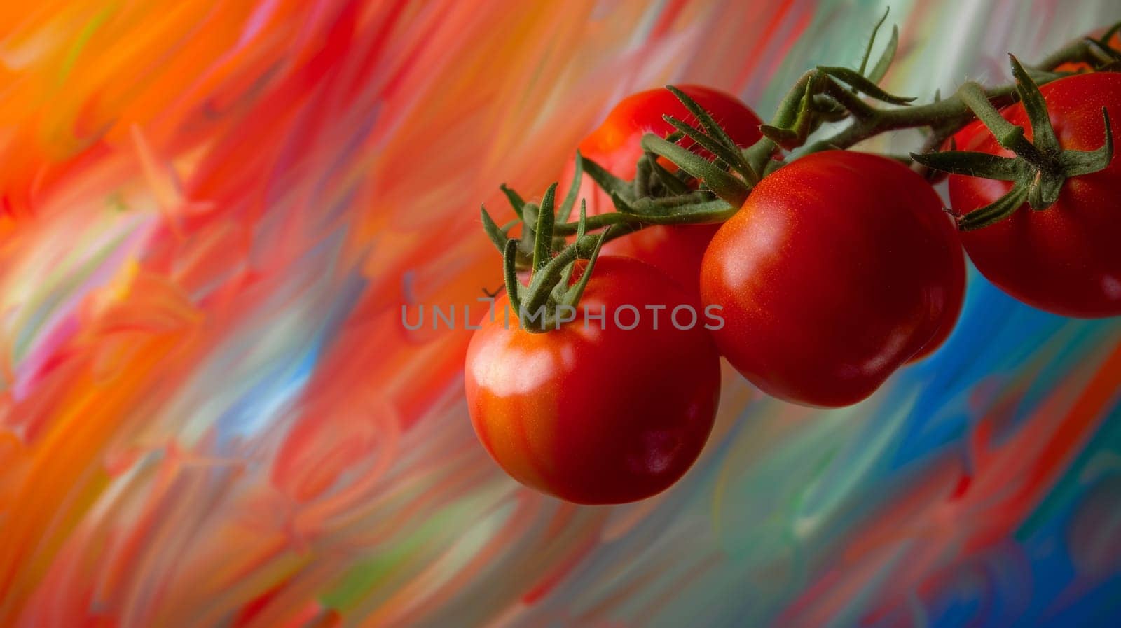 Spinning tomatoes against an abstract background of vibrant hues