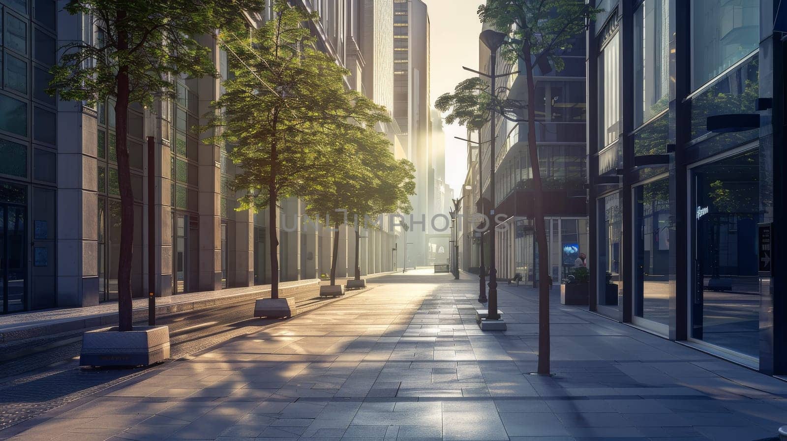 A city street with a sidewalk and a tree in the middle. The street is empty and the sun is shining brightly