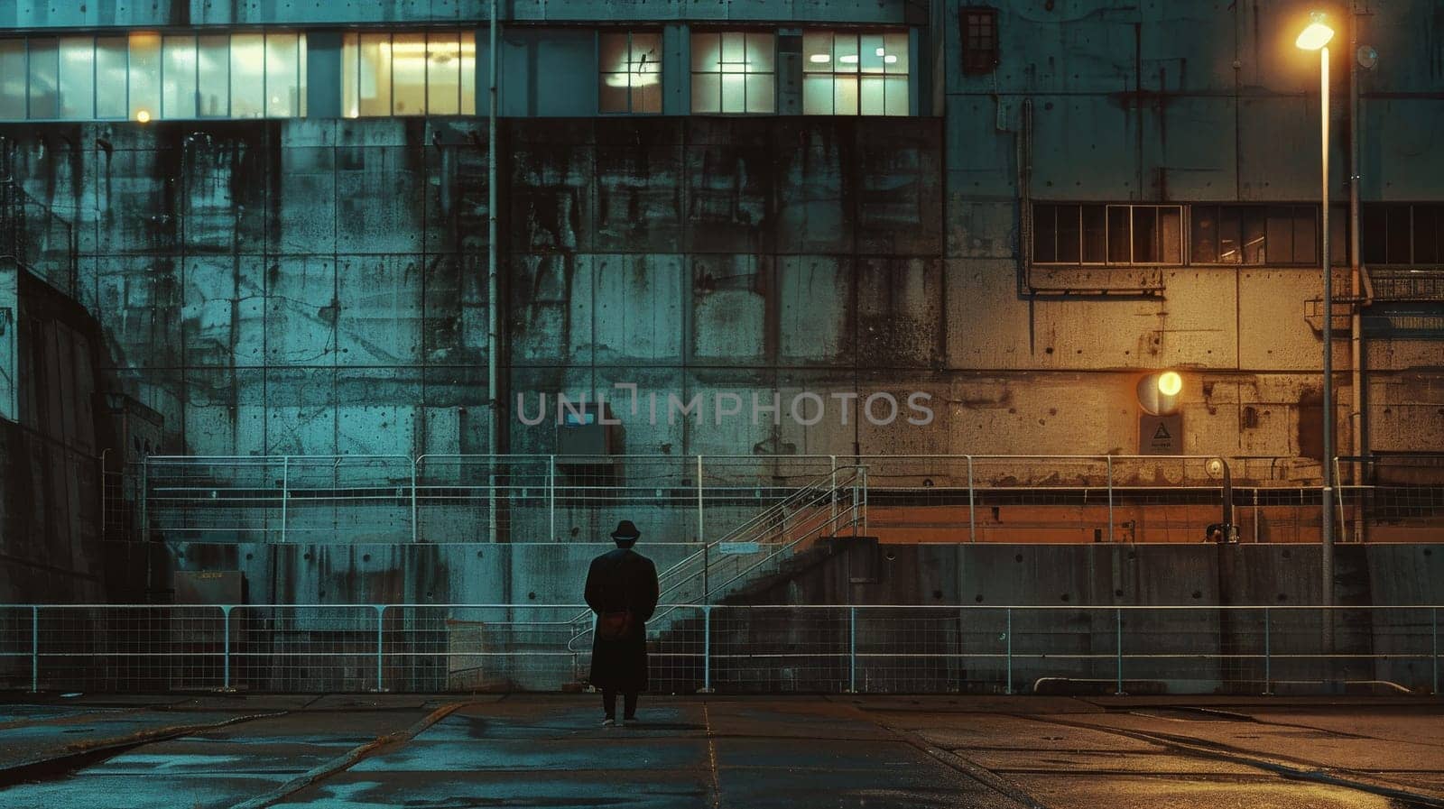 A man is walking down a street in the rain. The street is empty and the buildings are dark. Scene is somber and lonely