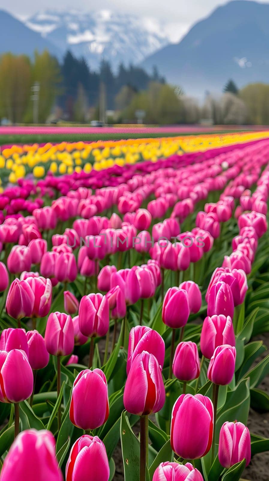 Vibrant fields of blooming tulips stretching to the horizon