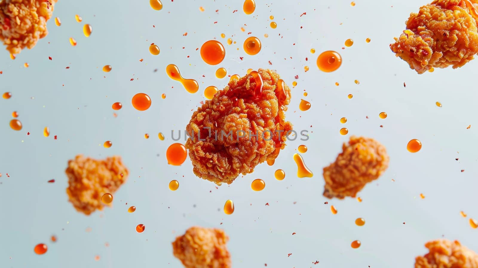 Top-down shot of levitating pieces of fried chicken with sauce
