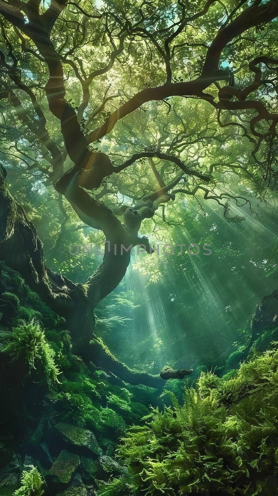 A tree is in the foreground of a forest, with sunlight shining through the leaves. Scene is peaceful and serene, as the tree stands tall and strong in the midst of the greenery