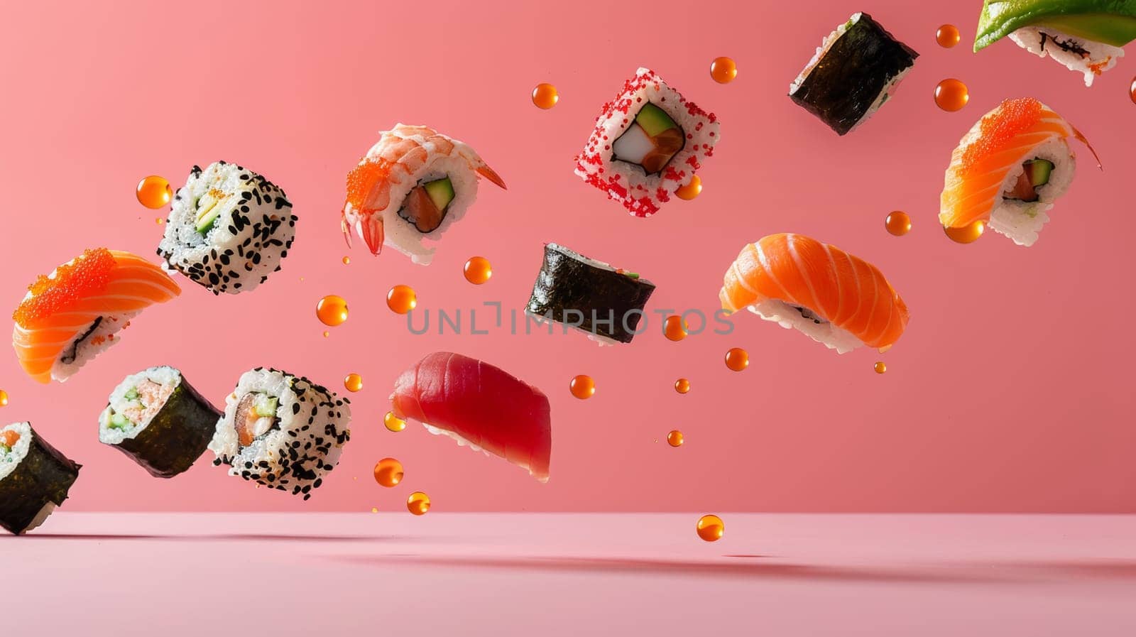 Vibrant composition of levitating sushi rolls arranged in a diagonal pattern