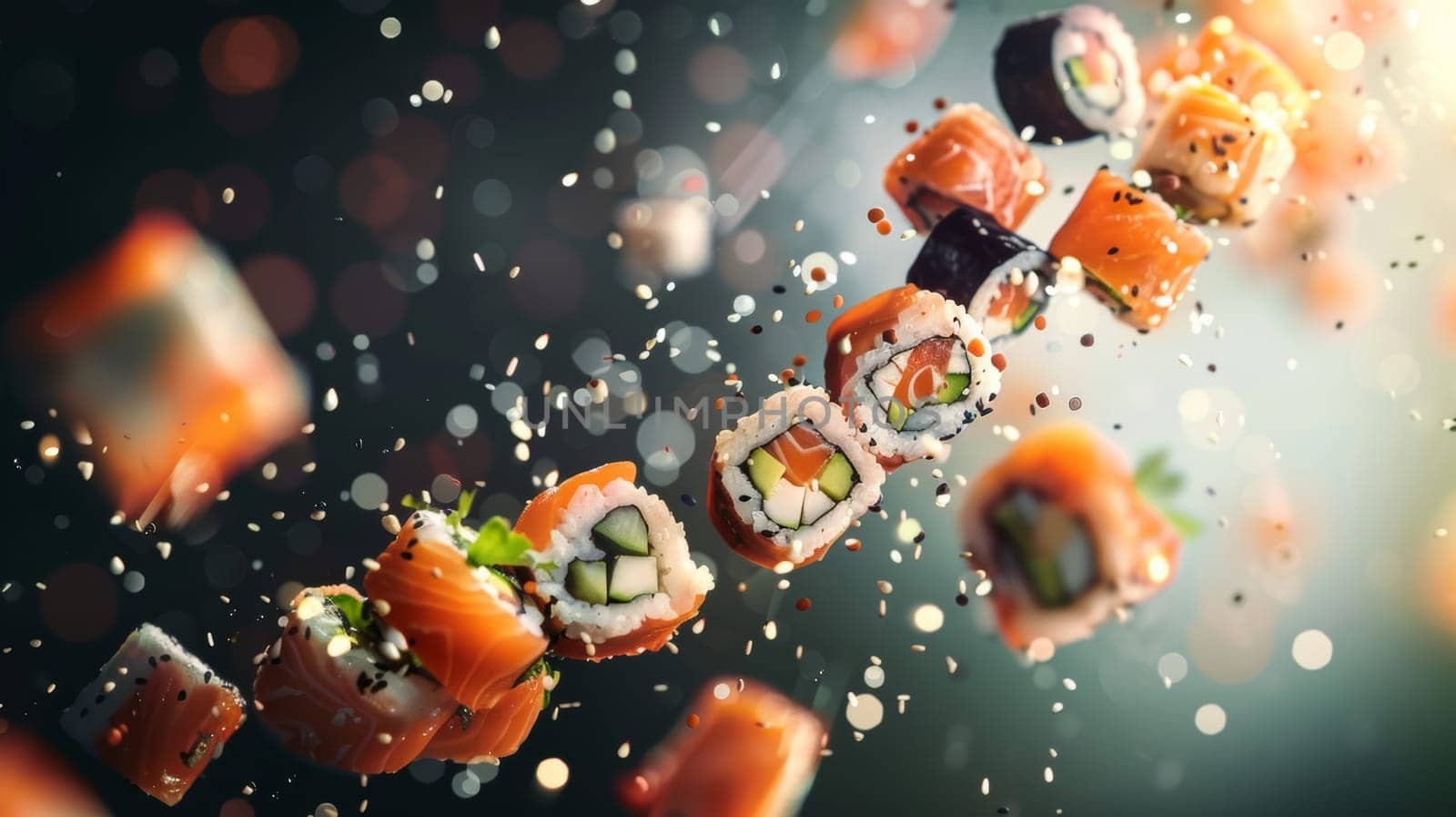Trendy design with levitating sushi rolls and space for sushi bar logos