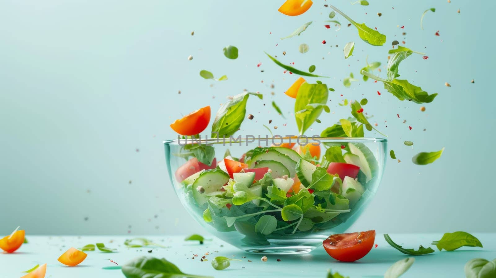 Whirling bowl of salad ingredients against a blank backdrop