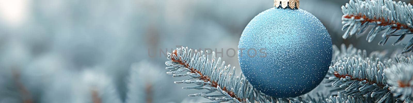 A crisp, clean blue Christmas ornament hanging from a fluffy green branch of a live Christmas tree, set against a simple white background. The photo is designed with one-third of the space reserved for text, making it ideal for holiday advertising or seasonal messages.