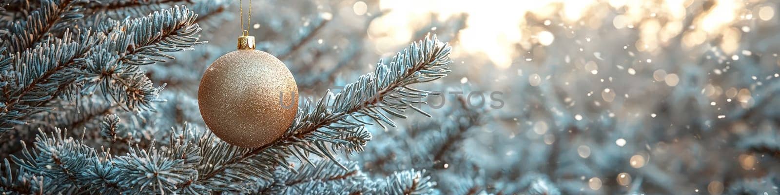 A glossy golden Christmas ornament hangs elegantly on a lush green pine branch, set against a pristine white background. This minimalistic setup includes one-third of the image as blank space, perfect for adding festive text or holiday branding elements.