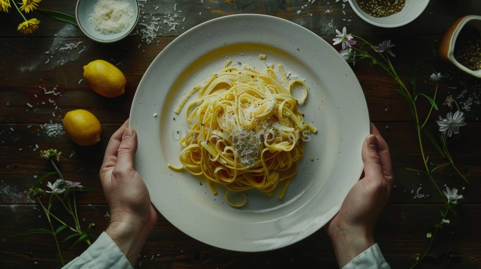 Top-down shot of a spinning plate of gourmet pasta