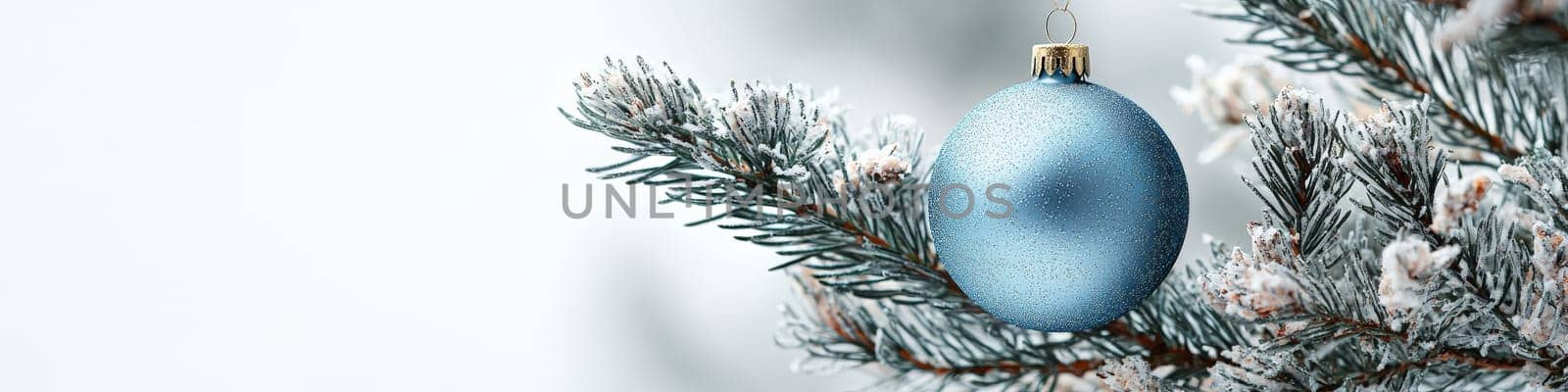 A crisp, clean blue Christmas ornament hanging from a fluffy green branch of a live Christmas tree, set against a simple white background. The photo is designed with one-third of the space reserved for text, making it ideal for holiday advertising or seasonal messages.