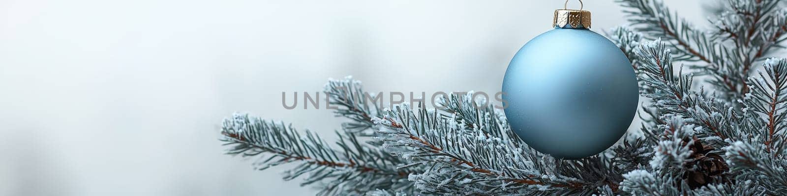 A crisp, clean blue Christmas ornament hanging from a fluffy green branch of a live Christmas tree, set against a simple white background. The photo is designed with one-third of the space reserved for text, making it ideal for holiday advertising or seasonal messages.