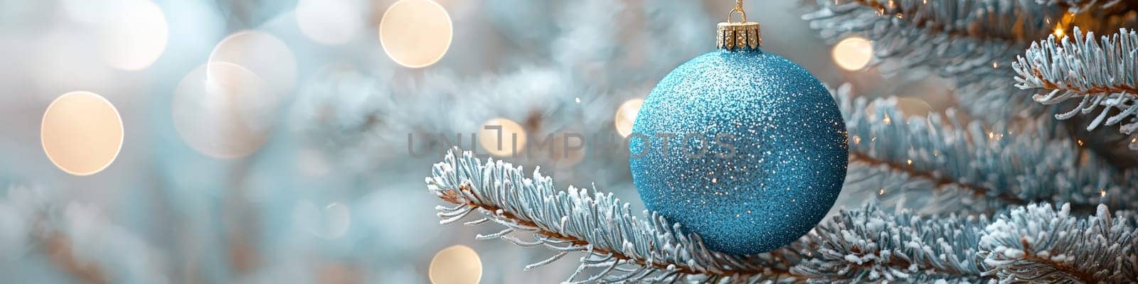 A crisp, clean blue Christmas ornament hanging from a fluffy green branch of a live Christmas tree, set against a simple white background. The photo is designed with one-third of the space reserved for text, making it ideal for holiday advertising or seasonal messages.