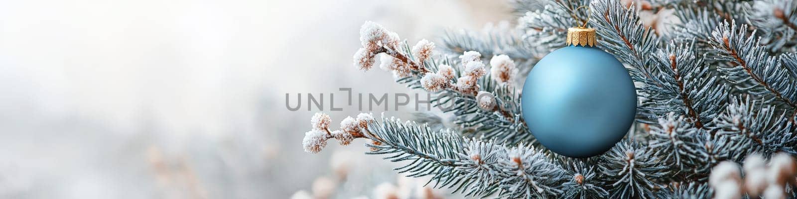A crisp, clean blue Christmas ornament hanging from a fluffy green branch of a live Christmas tree, set against a simple white background. The photo is designed with one-third of the space reserved for text, making it ideal for holiday advertising or seasonal messages.