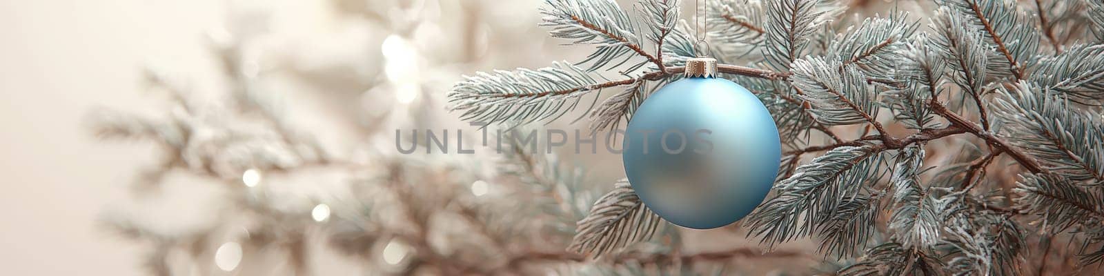 A crisp, clean blue Christmas ornament hanging from a fluffy green branch of a live Christmas tree, set against a simple white background. The photo is designed with one-third of the space reserved for text, making it ideal for holiday advertising or seasonal messages.