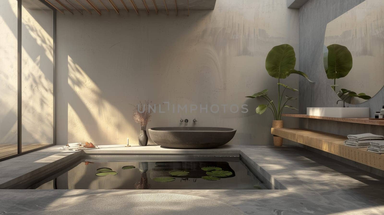 A bathroom with a large bathtub and a small pond with lilies. The bathroom is very clean and well-lit