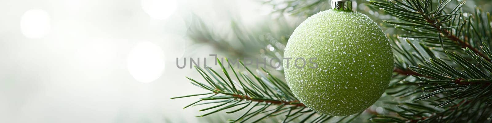 A clean, vibrant green Christmas ornament hanging on a lush branch of a live Christmas tree, with a white background that leaves one-third of the space for customizable text. This close-up advertising photo captures a classic holiday scene in a minimalist style.