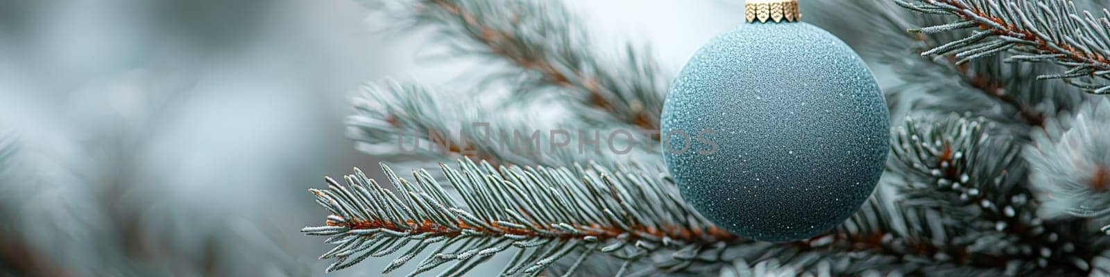 A crisp, clean blue Christmas ornament hanging from a fluffy green branch of a live Christmas tree, set against a simple white background. The photo is designed with one-third of the space reserved for text, making it ideal for holiday advertising or seasonal messages.