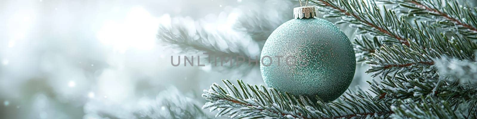 A crisp, clean green  Christmas ornament hanging from a fluffy green branch of a live Christmas tree, set against a simple white background. The photo is designed with one-third of the space reserved for text, making it ideal for holiday advertising or seasonal messages.