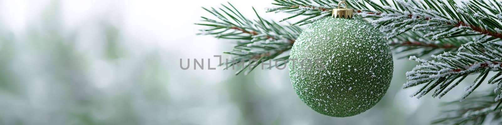 A clean, vibrant green Christmas ornament hanging on a lush branch of a live Christmas tree, with a white background that leaves one-third of the space for customizable text. This close-up advertising photo captures a classic holiday scene in a minimalist style.