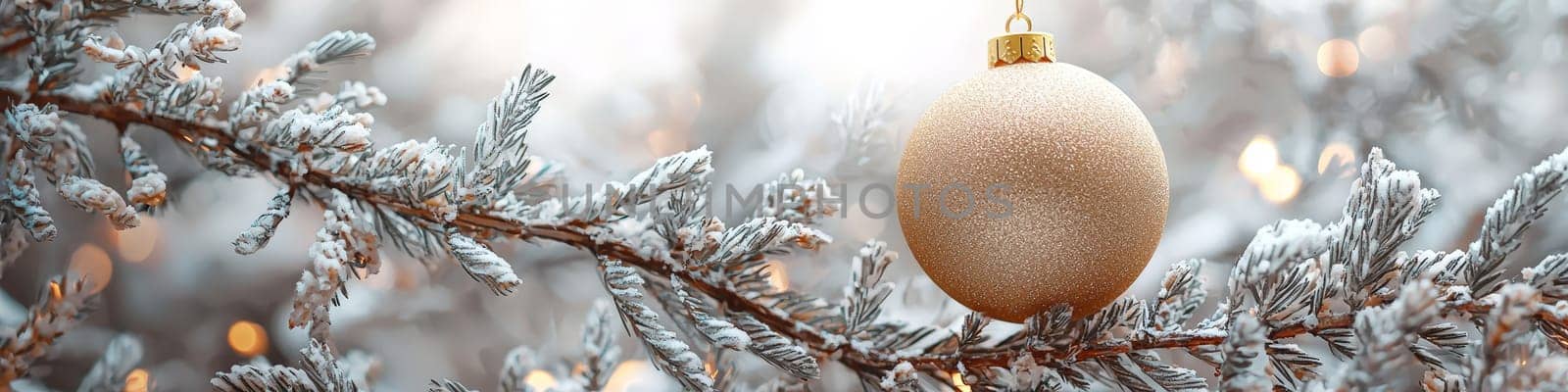 A glossy golden Christmas ornament hangs elegantly on a lush green pine branch, set against a pristine white background. This minimalistic setup includes one-third of the image as blank space, perfect for adding festive text or holiday branding elements.