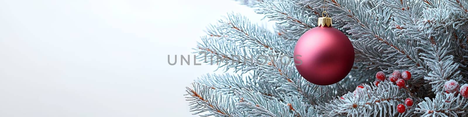 A bright magenta Christmas ornament hanging on a lush green branch of a live Christmas tree, set against a clean white background. The composition includes one-third of the image as blank space, perfect for adding festive text or branding in holiday promotions.