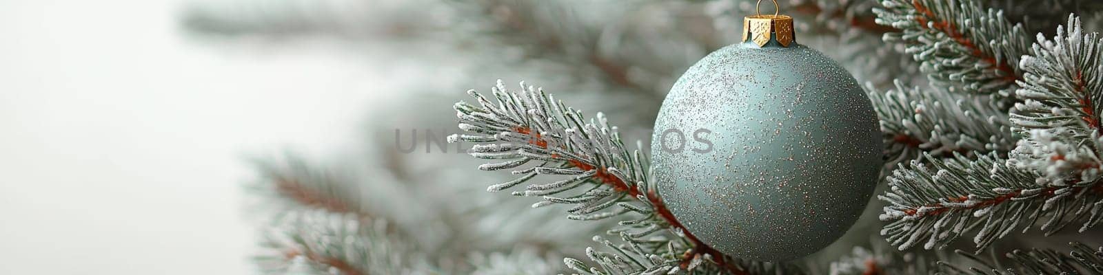 A clean, vibrant green Christmas ornament hanging on a lush branch of a live Christmas tree, with a white background that leaves one-third of the space for customizable text. This close-up advertising photo captures a classic holiday scene in a minimalist style.