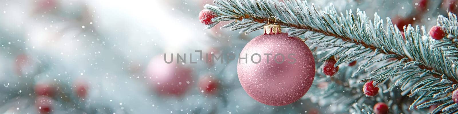 A bright magenta Christmas ornament hanging on a lush green branch of a live Christmas tree, set against a clean white background. The composition includes one-third of the image as blank space, perfect for adding festive text or branding in holiday promotions.