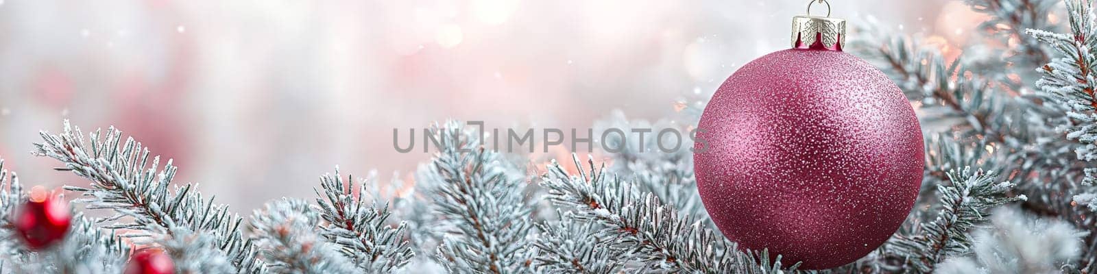 A bright magenta Christmas ornament hanging on a lush green branch of a live Christmas tree, set against a clean white background. The composition includes one-third of the image as blank space, perfect for adding festive text or branding in holiday promotions.