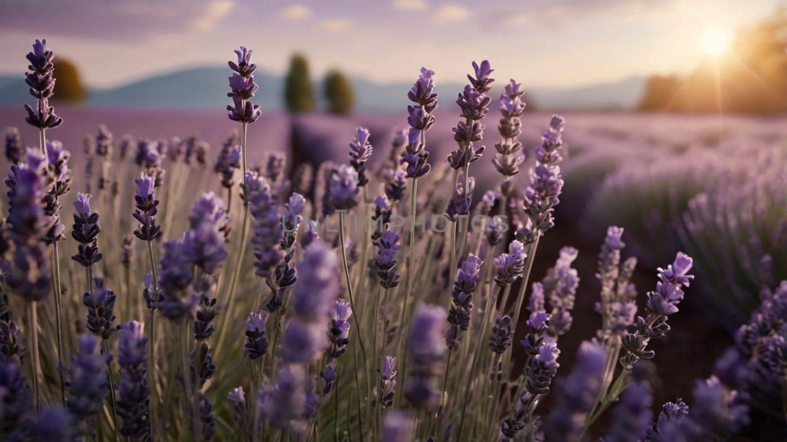 A photograph of a field of lavender flowers at sunset. The flowers are in full bloom, and the sun is setting behind them, casting a warm glow on the scene. A high-quality photo.