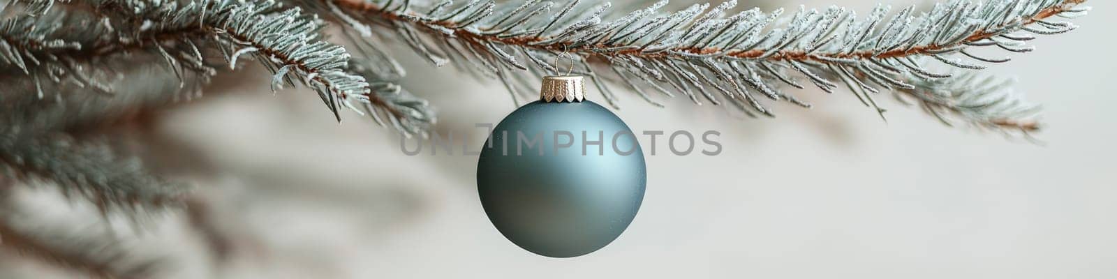 A crisp, clean blue Christmas ornament hanging from a fluffy green branch of a live Christmas tree, set against a simple white background. The photo is designed with one-third of the space reserved for text, making it ideal for holiday advertising or seasonal messages.