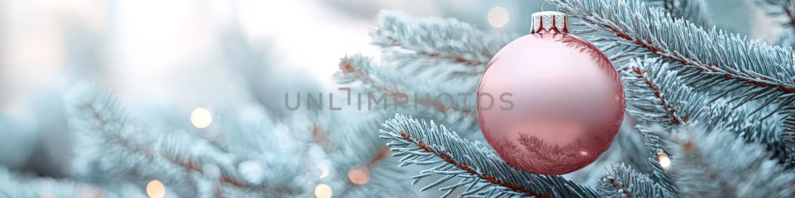 A bright magenta Christmas ornament hanging on a lush green branch of a live Christmas tree, set against a clean white background. The composition includes one-third of the image as blank space, perfect for adding festive text or branding in holiday promotions.