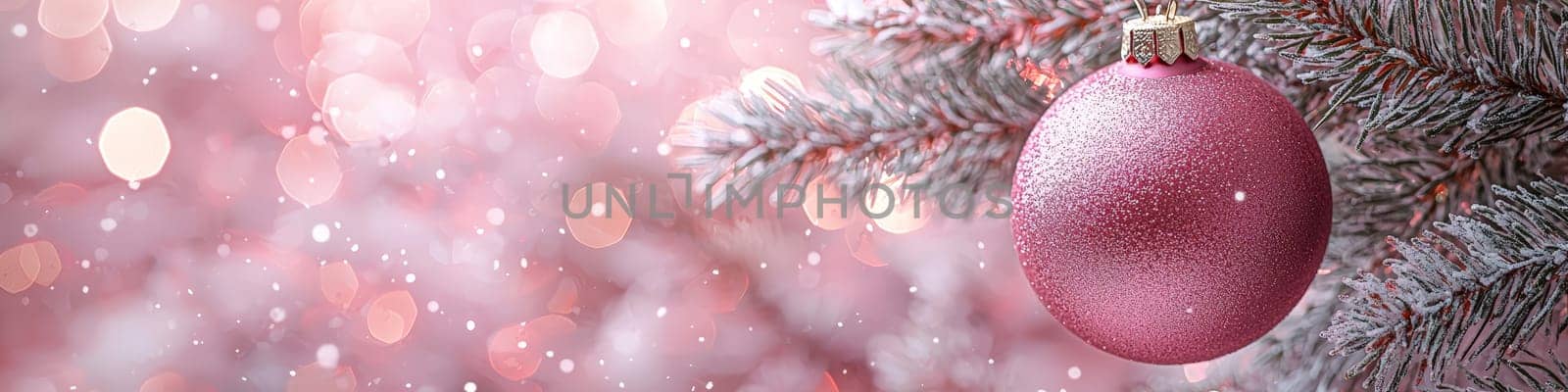 A bright magenta Christmas ornament hanging on a lush green branch of a live Christmas tree, set against a clean white background. The composition includes one-third of the image as blank space, perfect for adding festive text or branding in holiday promotions.
