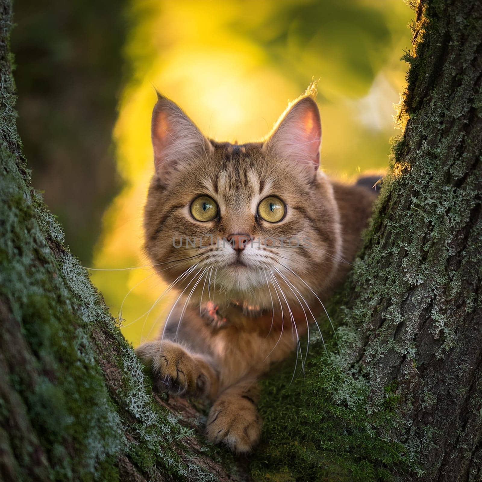 tabby cat on a tree, AI generated image