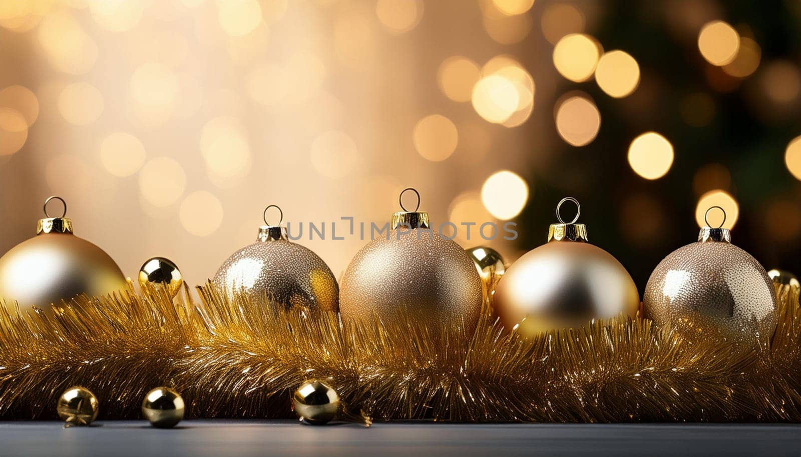 Tinsel and baubles for Christmas tree decoration, AI generated image