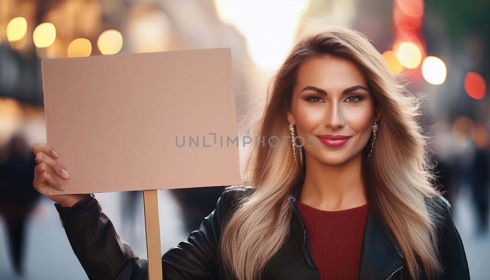 gorgeous young woman with blank sign, AI generated image
