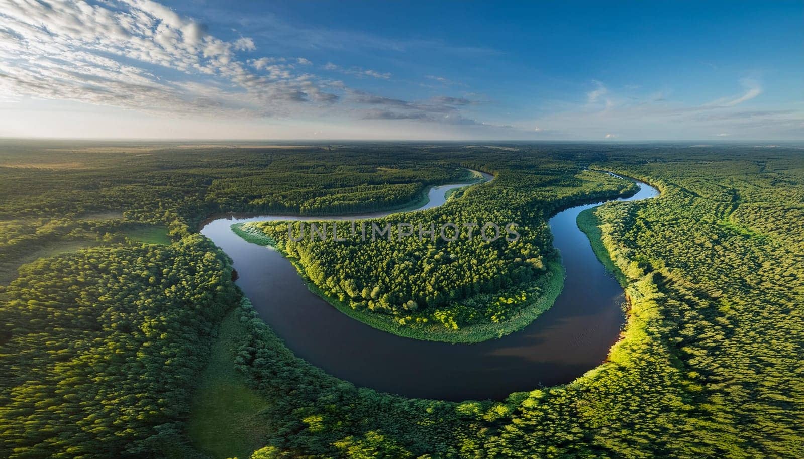 river meandering in tropical forest aerial view, AI generated image